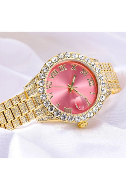 Blinged Fashion Watch With Pink Face